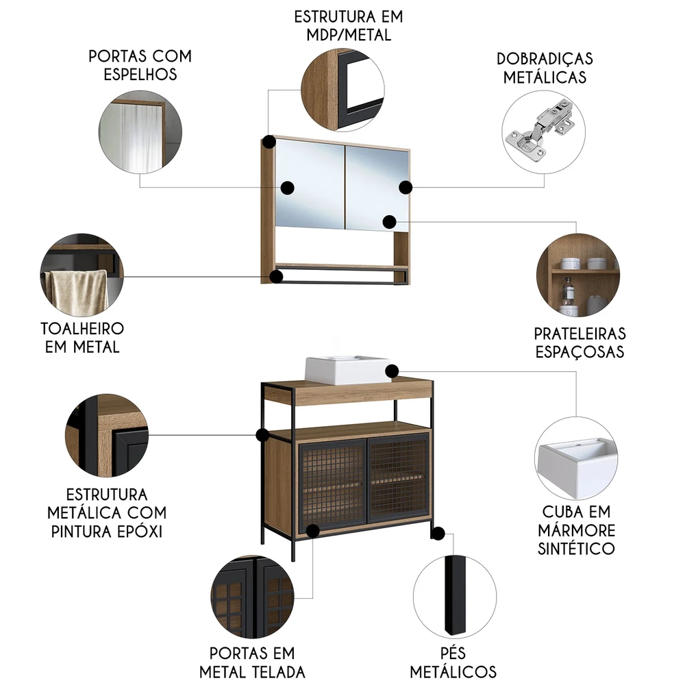 Gabinete Banheiro Liny Com Cuba e Espelheira Moscow Mel Z54 - Mpozenato