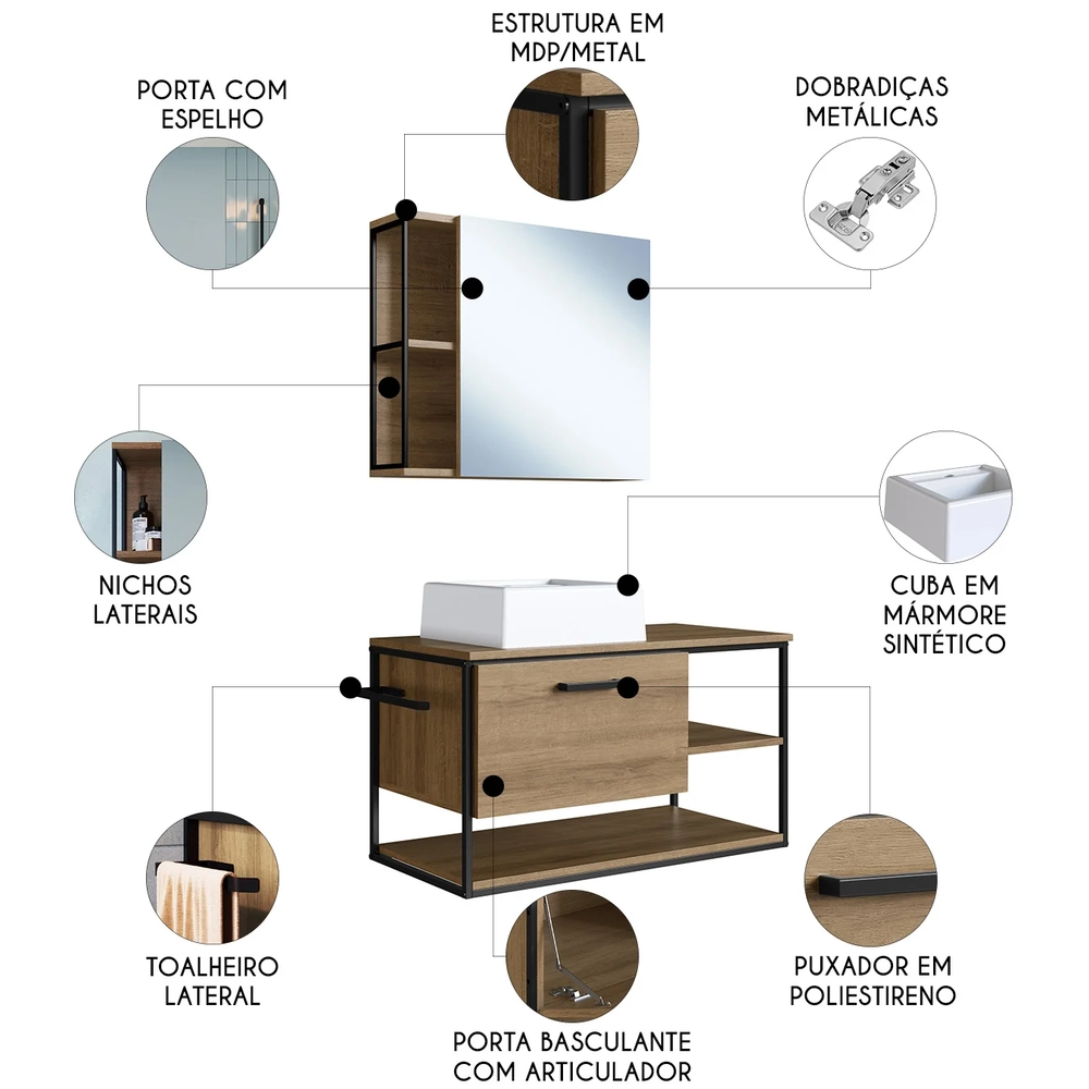 Gabinete Banheiro Yuri Com Cuba e Espelheira Click Mel Z54  - Mpozenato