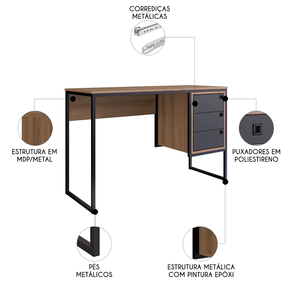 Mesa Escrivaninha Industrial 120cm 3 Gavetas Noa Grafite/Mel Z54 - Mpozenato
