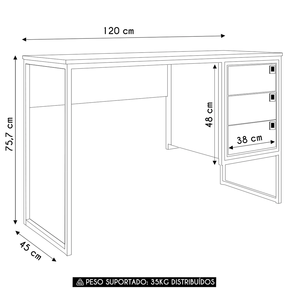 Mesa Escrivaninha Industrial 120cm 3 Gavetas Noa Mel Z54 - Mpozenato