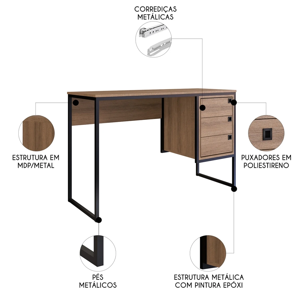 Mesa Escrivaninha Industrial 120cm 3 Gavetas Noa Mel Z54 - Mpozenato