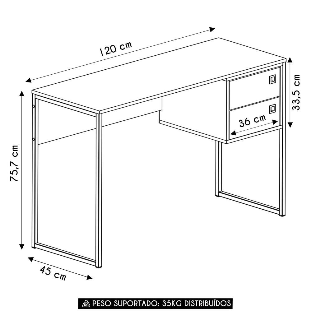 Mesa Escrivaninha Industrial 120cm 2 Gavetas Nubia Branco Z54 - Mpozenato