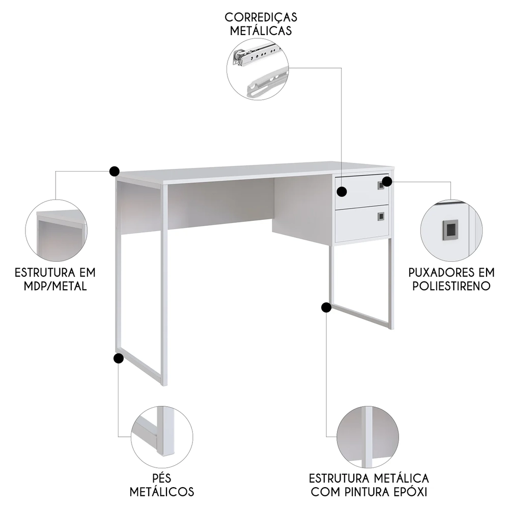 Mesa Escrivaninha Industrial 120cm 2 Gavetas Nubia Branco Z54 - Mpozenato