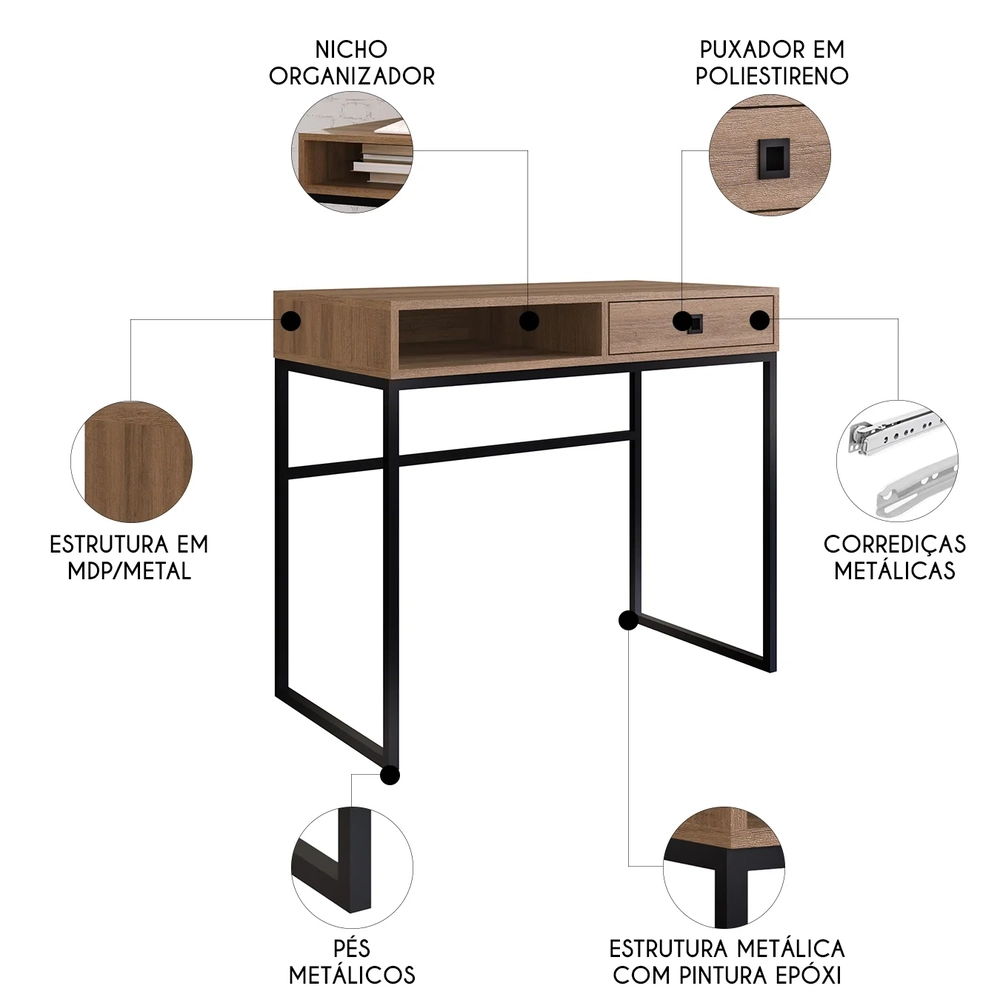 Mesa Escrivaninha Industrial 90cm 1 Gaveta Ivis Mel Z54     - Mpozenato