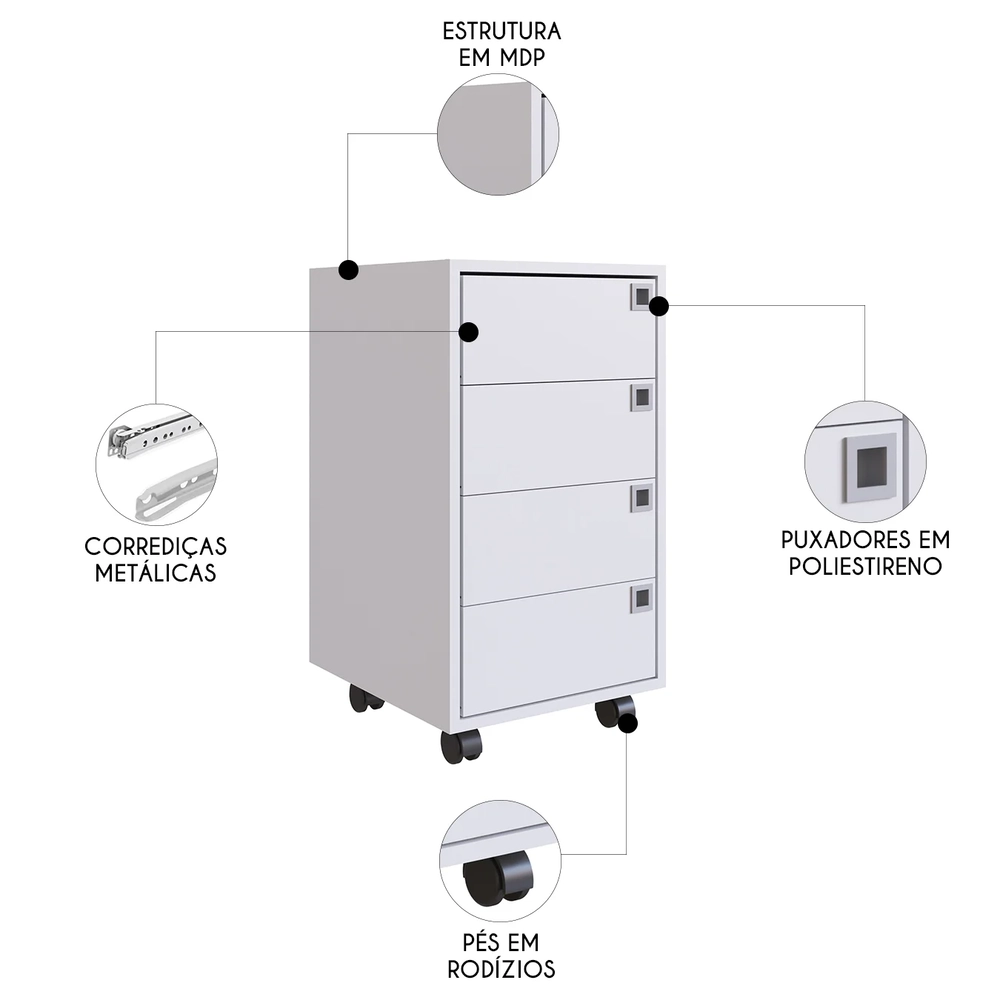 Gaveteiro Escritório 4 Gavetas com Rodízios Eden Branco Z54 - Mpozenato
