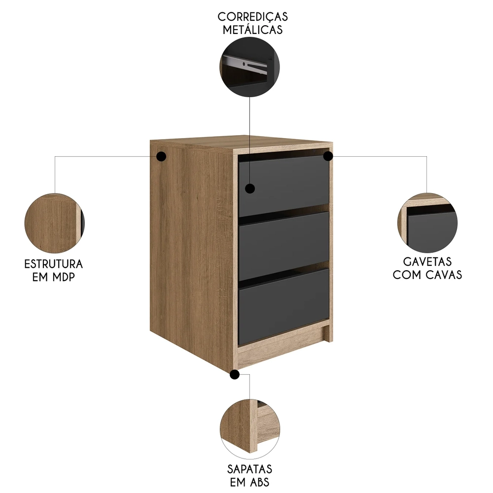 Gaveteiro Escritório Com 3 Gavetas Mirela Grafite/Mel Z54   - Mpozenato