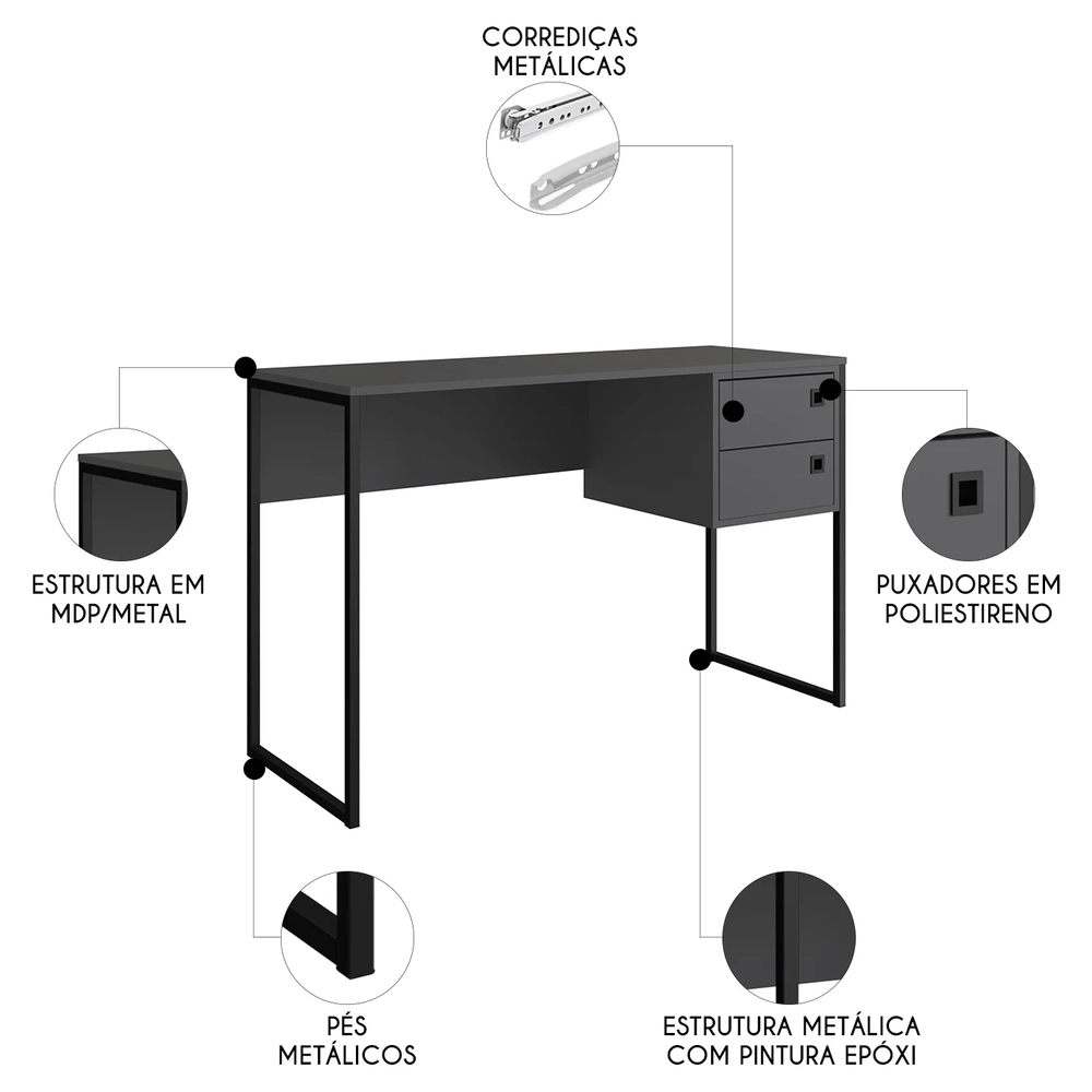 Mesa Escrivaninha Industrial 120cm 2 Gavetas Nubia Grafite Z54 - Mpozenato