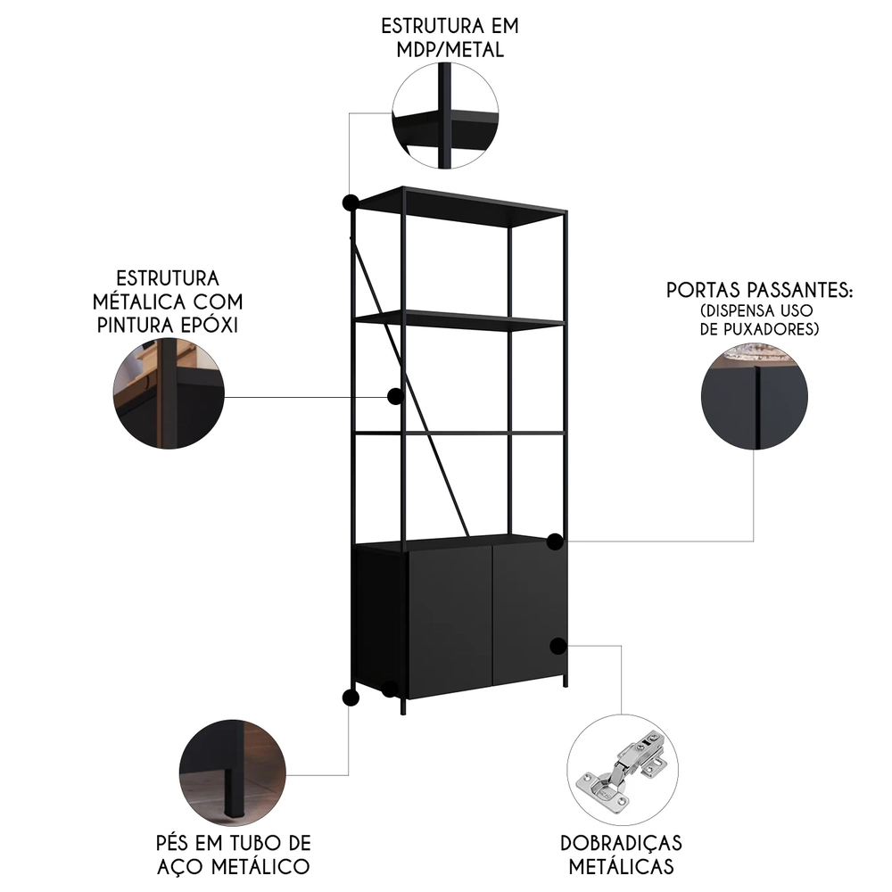 Estante Livreiro Multiuso Industrial 2 Portas Dani Preto Z54 - Mpozenato
