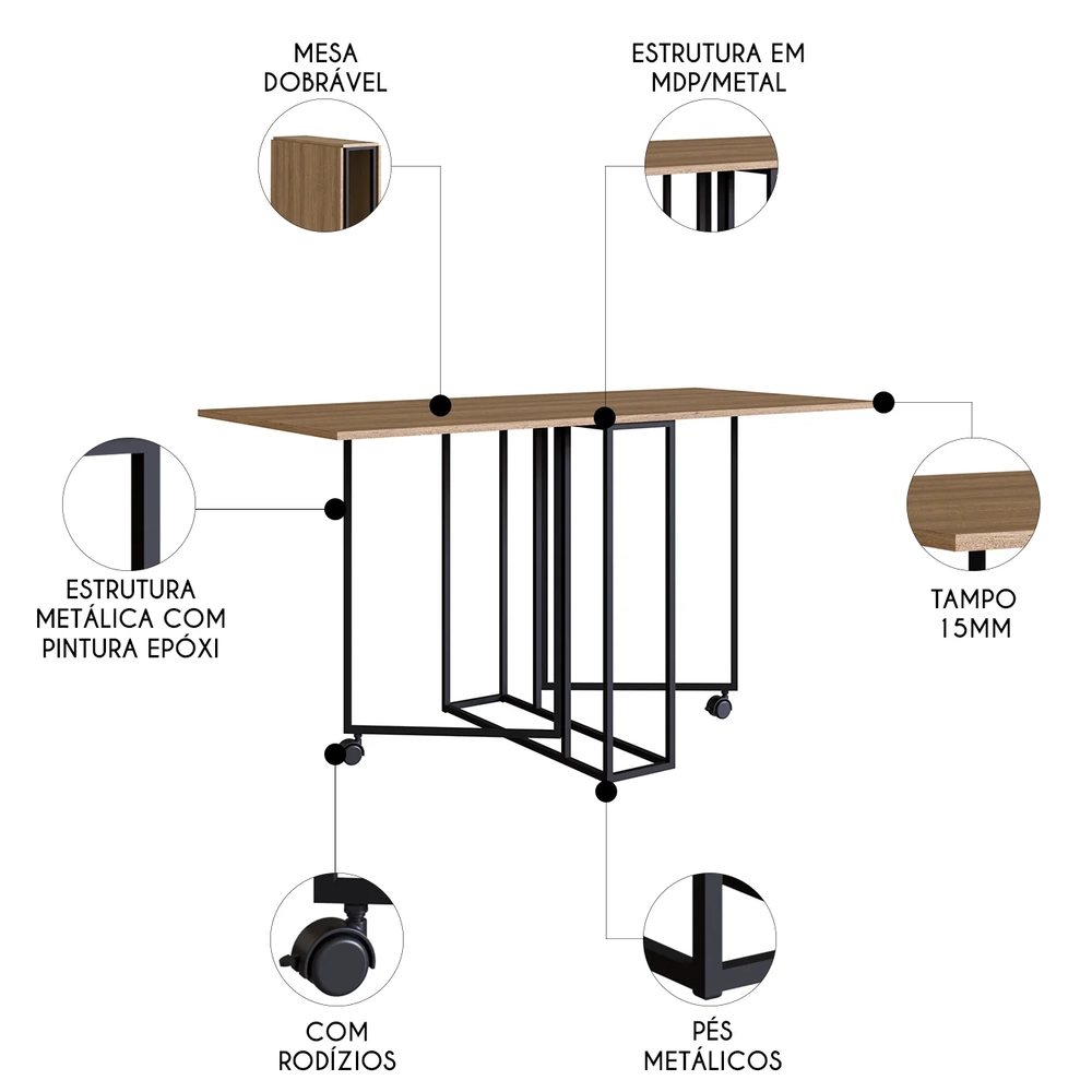 Mesa Industrial Para Cozinha 142cm Dobrável Naomi Preto Z54 - Mpozenato