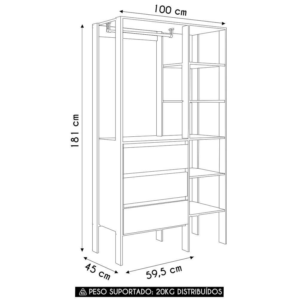 Guarda Roupa Closet 100cm com 3 Gavetas Lizze Branco Z54 - Mpozenato