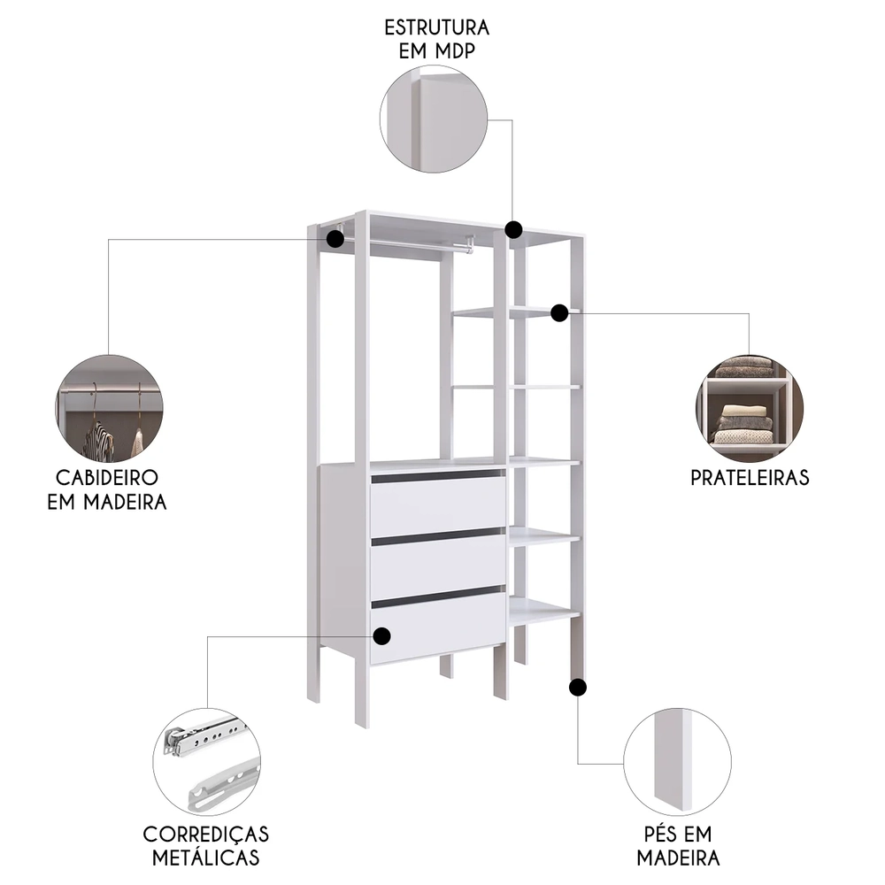 Guarda Roupa Closet 100cm com 3 Gavetas Lizze Branco Z54 - Mpozenato
