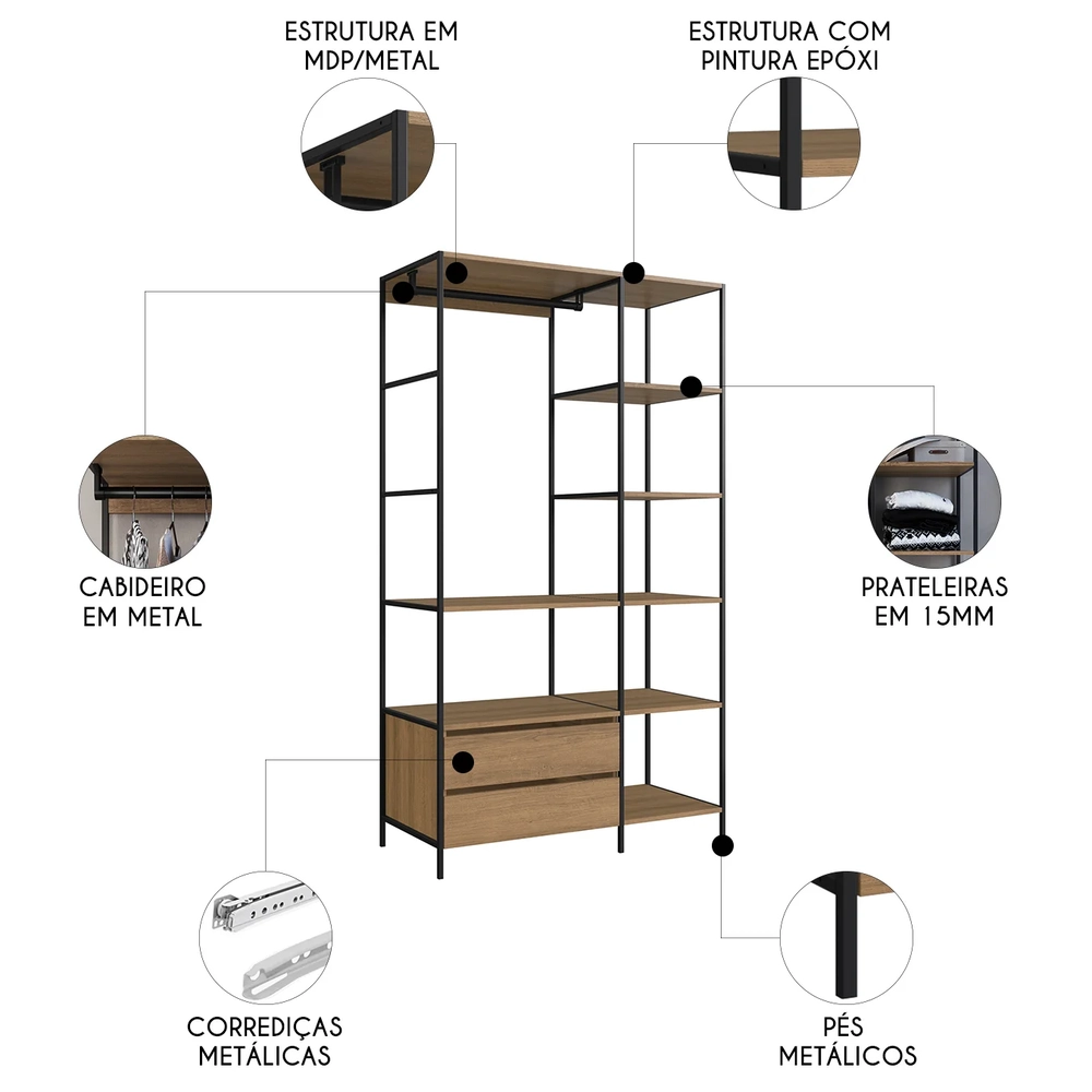 Guarda Roupa Closet Industrial 100cm 2 Gavetas Seven Mel Z54 - Mpozenato