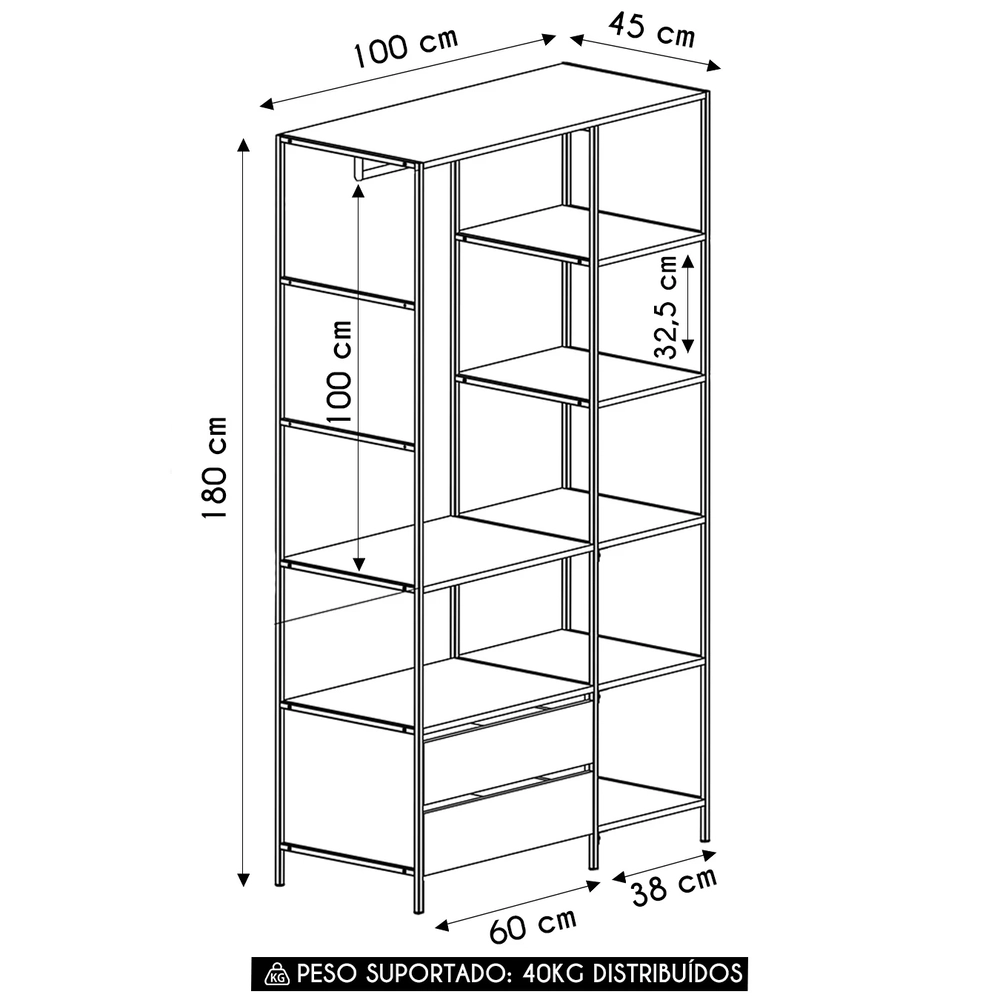 Guarda Roupa Closet Industrial 100cm 2 Gavetas Seven Mel Z54 - Mpozenato