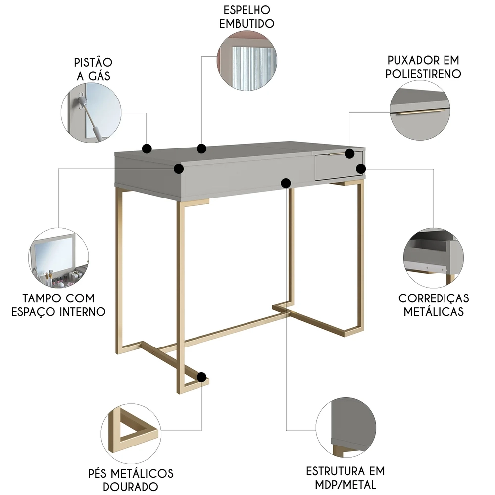 Penteadeira Escrivaninha Industrial com Espelho Dyana Arenas Z54 - Mpozenato