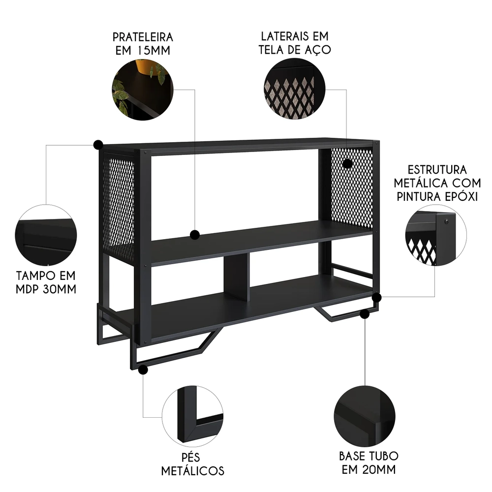 Aparador Industrial Sala de Estar 134cm Telado Rebu Preto Z54 - Mpozenato