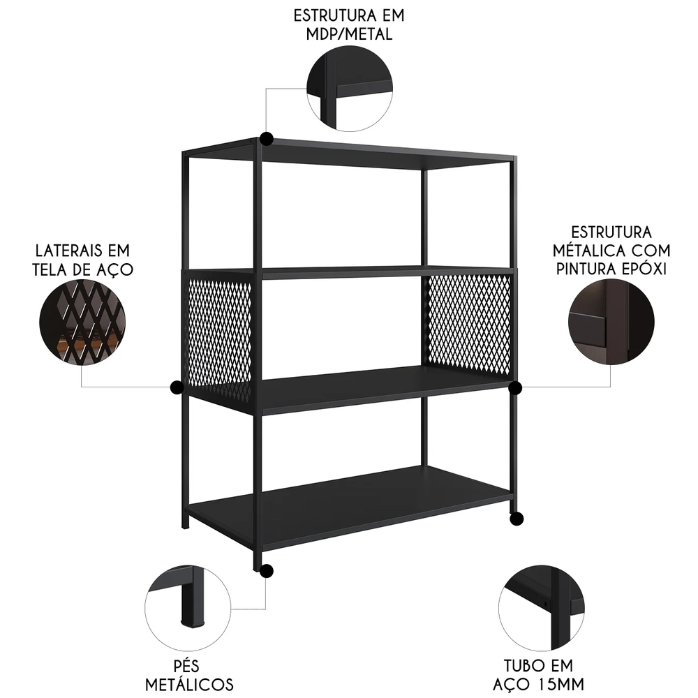Estante Multiuso Industrial 77cm com Prateleiras Alure Preto Z54 - Mpozenato
