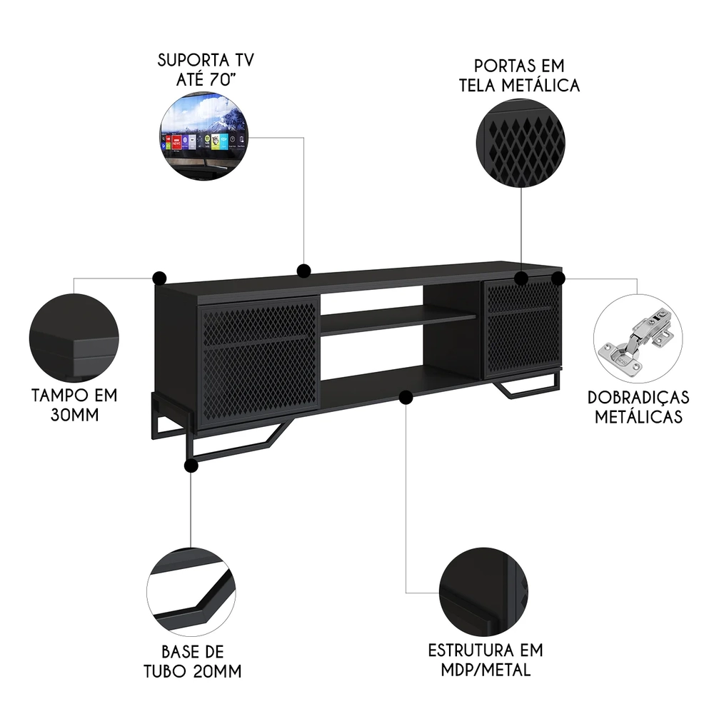 Rack Bancada Para TV 70 Pol Industrial Vesper Preto Z54     - Mpozenato