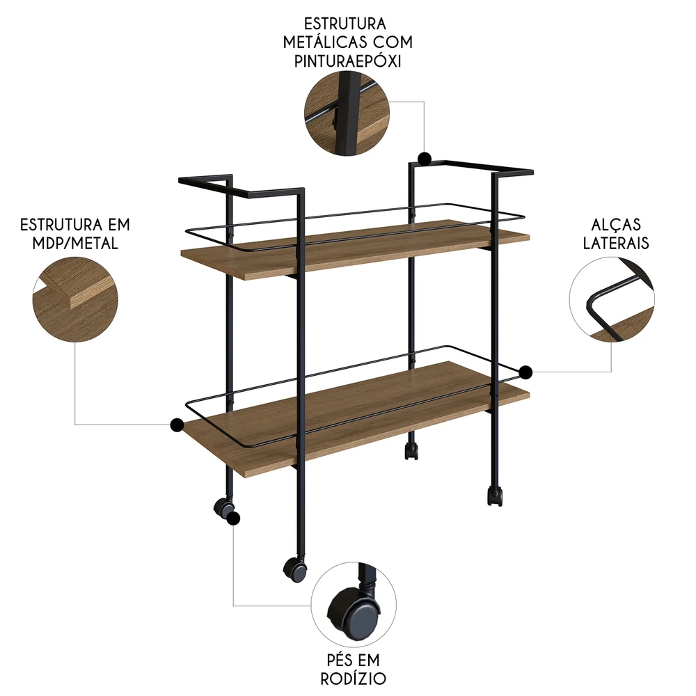 Carrinho Bar Industrial 2 Prateleiras 90cm Artho Mel Z54 - Mpozenato