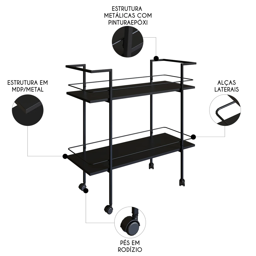 Carrinho Bar Industrial 2 Prateleiras 90cm Artho Preto Z54 - Mpozenato