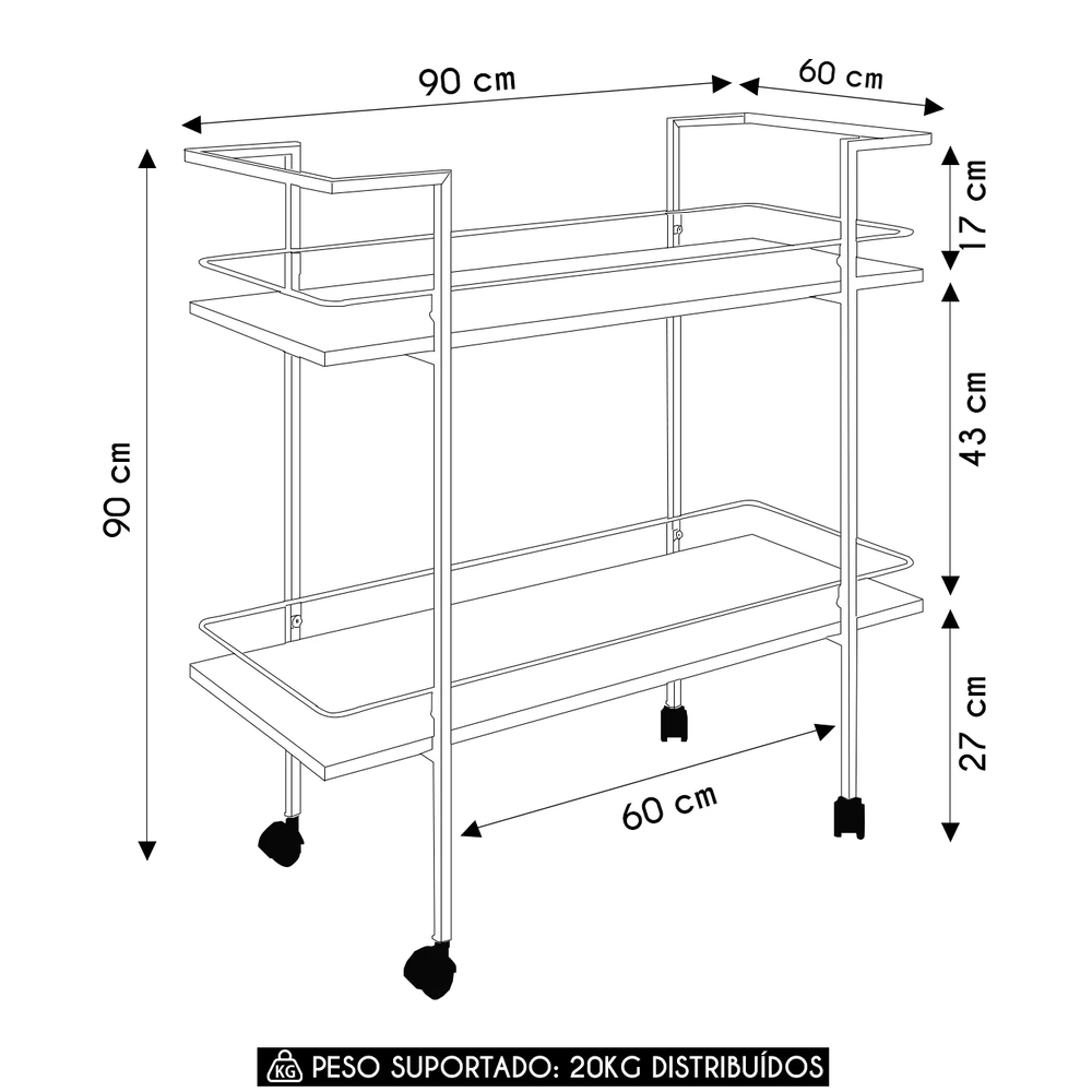 Carrinho Bar Industrial 2 Prateleiras 90cm Artho Preto Z54 - Mpozenato