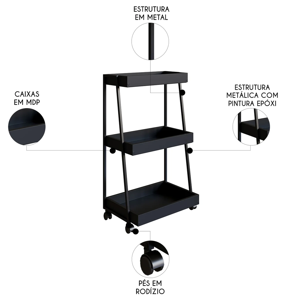 Carrinho Organizador Fruteira Industrial Multiuso Lino Preto Z54 - Mpozenato