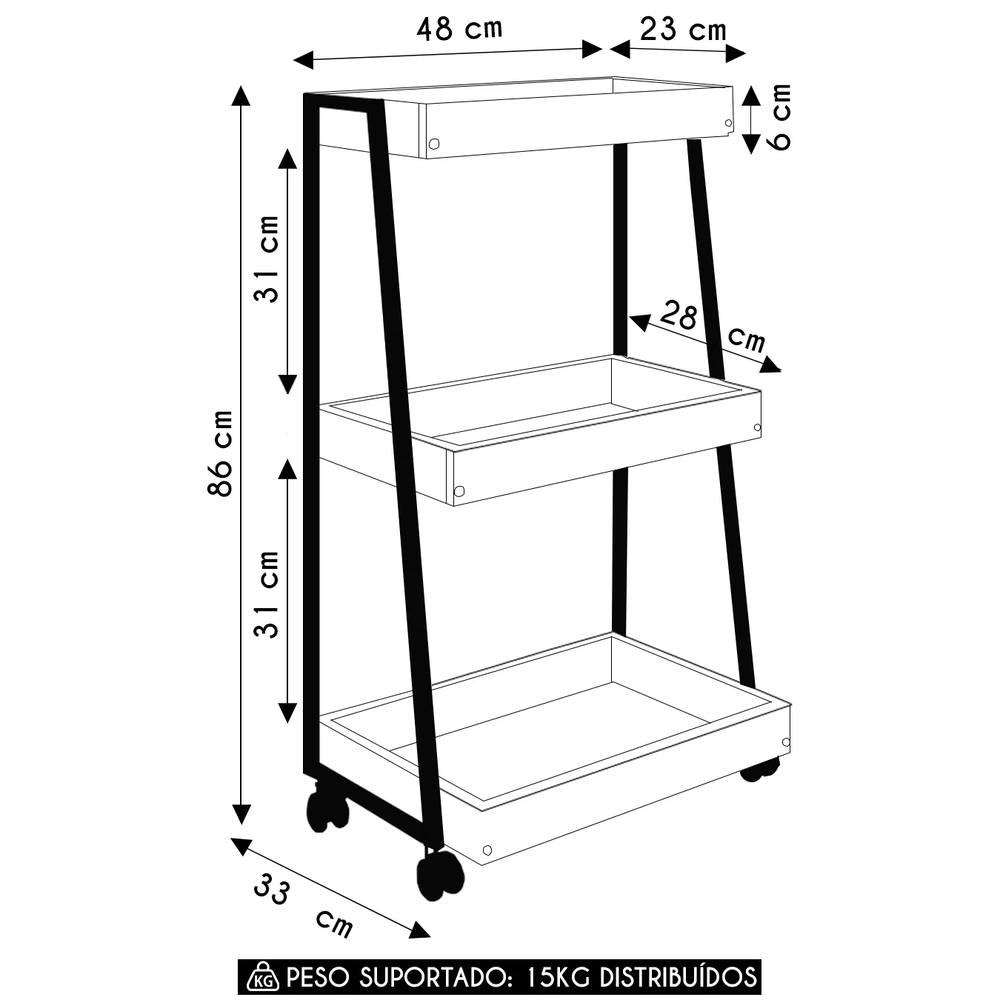 Carrinho Organizador Fruteira Industrial Multiuso Lino Preto Z54 - Mpozenato
