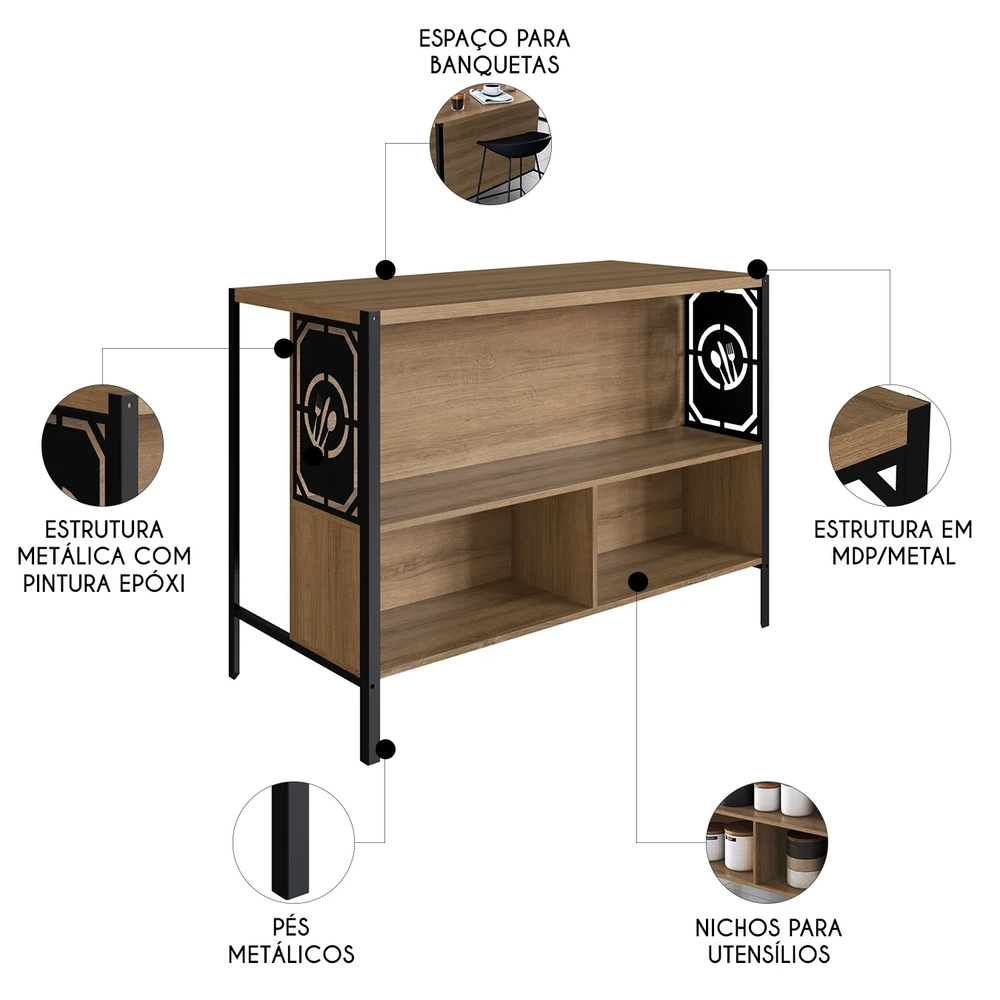 Mesa Bancada Gourmet Ilha Industrial Glenda Mel Z54 - Mpozenato
