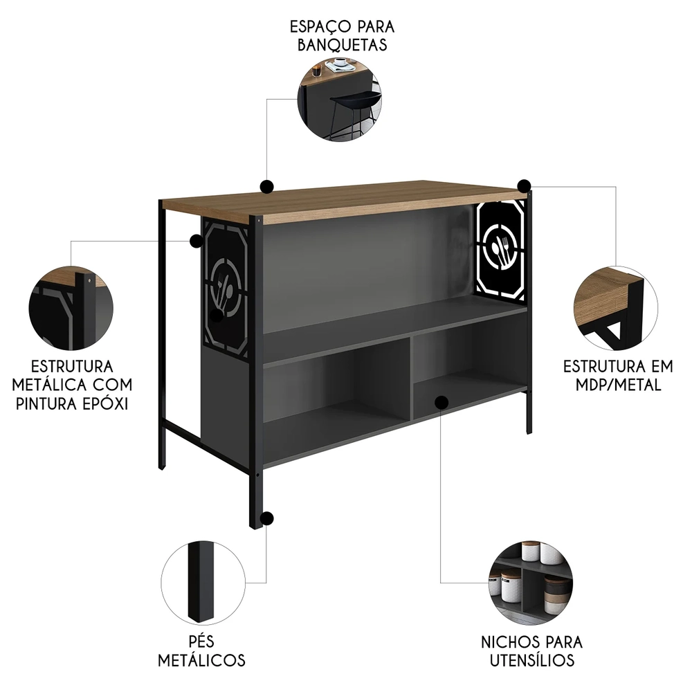 Mesa Bancada Gourmet Ilha Industrial Glenda Mel/Grafite Z54 - Mpozenato