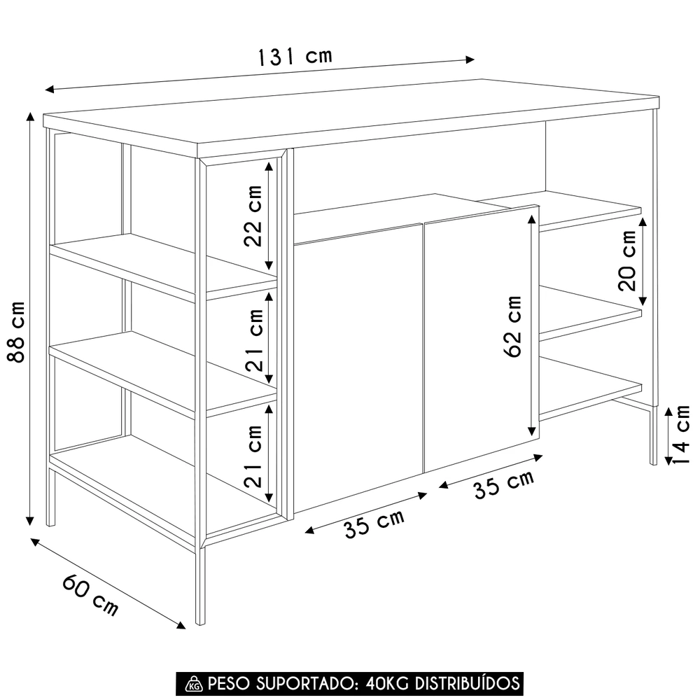 Mesa Bancada Ilha Industrial 2 Portas Jenny Mel Z54        - Mpozenato
