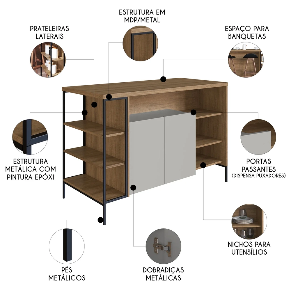 Mesa Bancada Ilha Industrial 2 Portas Jenny Mel Z54        - Mpozenato