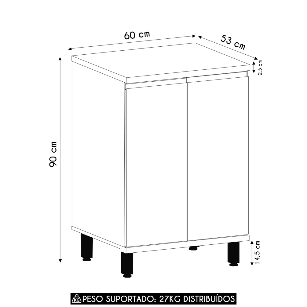 Balcão de Cozinha Tampo 60cm 2 Portas Pierre Carvalho/Cinza L01 - Mpozenato