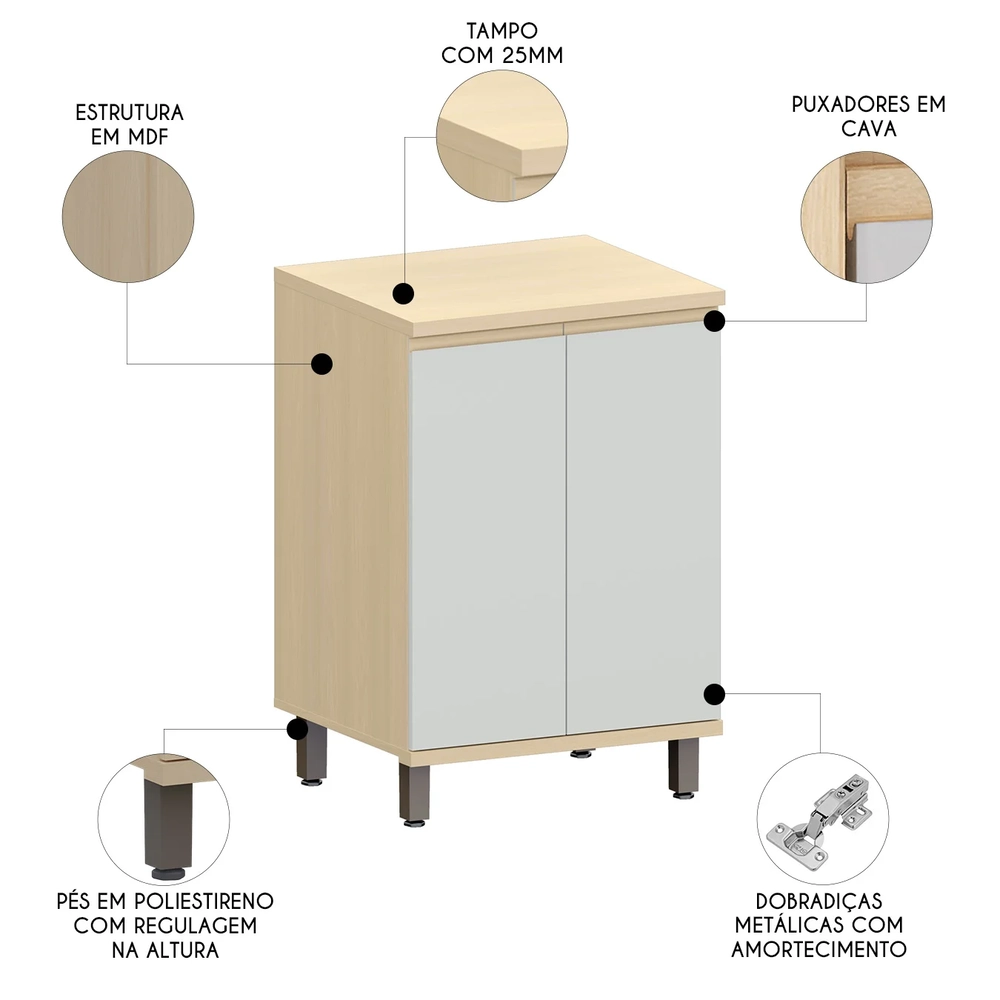Balcão de Cozinha Tampo 60cm 2 Portas Pierre Carvalho/Cinza L01 - Mpozenato