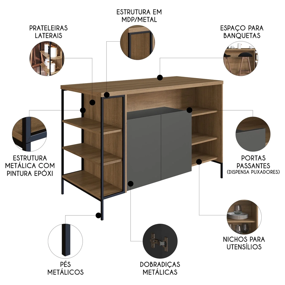 Mesa Bancada Ilha Industrial 2 Portas Jenny Mel/Grafite Z54 - Mpozenato