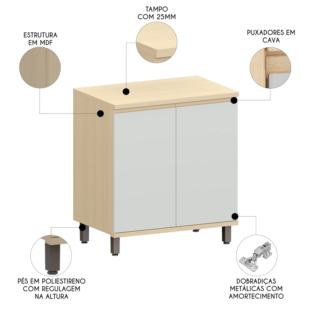 Balcão de Cozinha Tampo 80cm 2 Portas Pierre Carvalho/Cinza L01 - Mpozenato