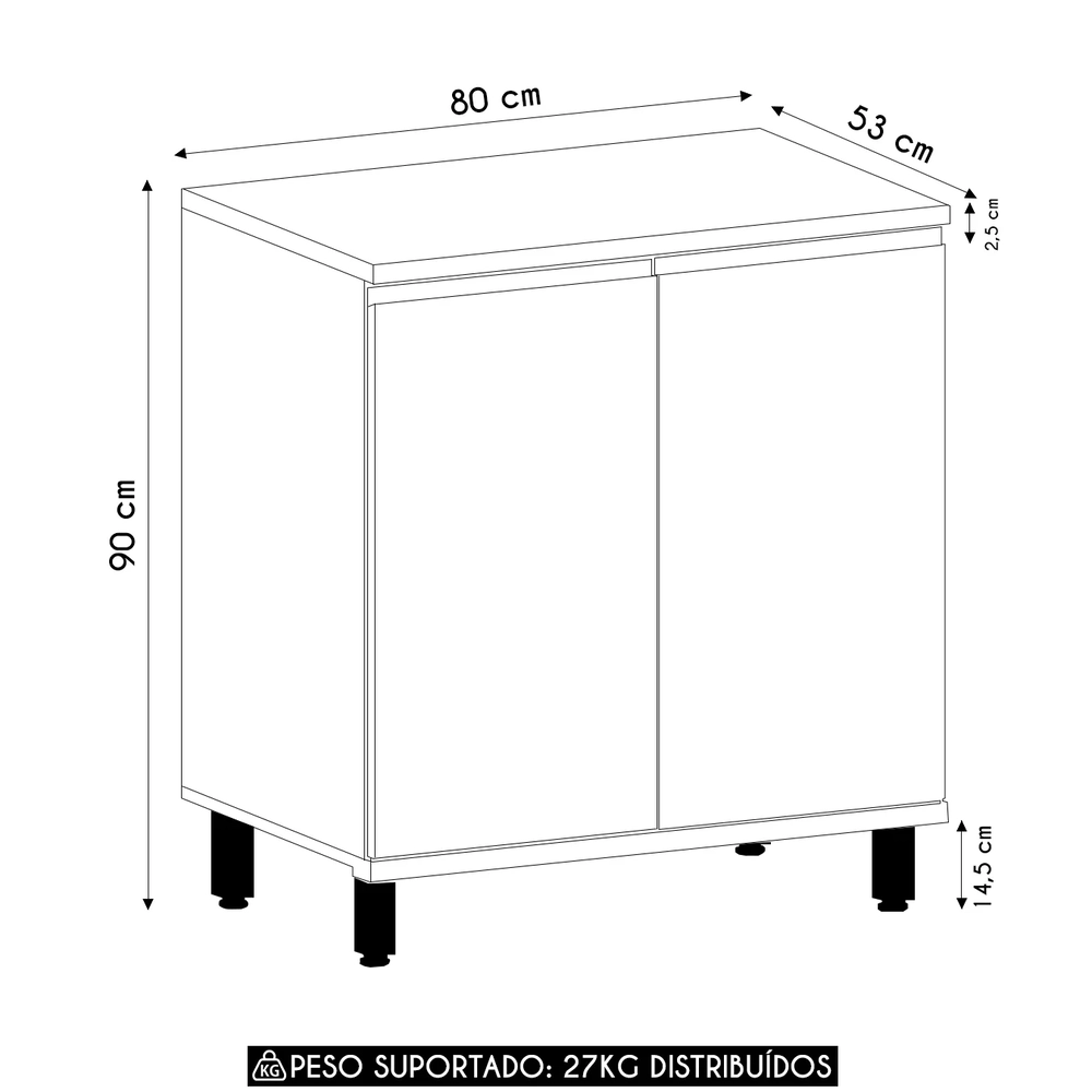 Balcão de Cozinha Tampo 80cm 2 Portas Pierre Carvalho/Cinza L01 - Mpozenato