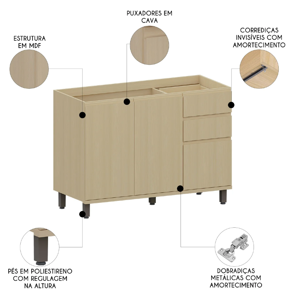 Balcão de Cozinha Para Pia 120cm Pierre Carvalho L01 - Mpozenato