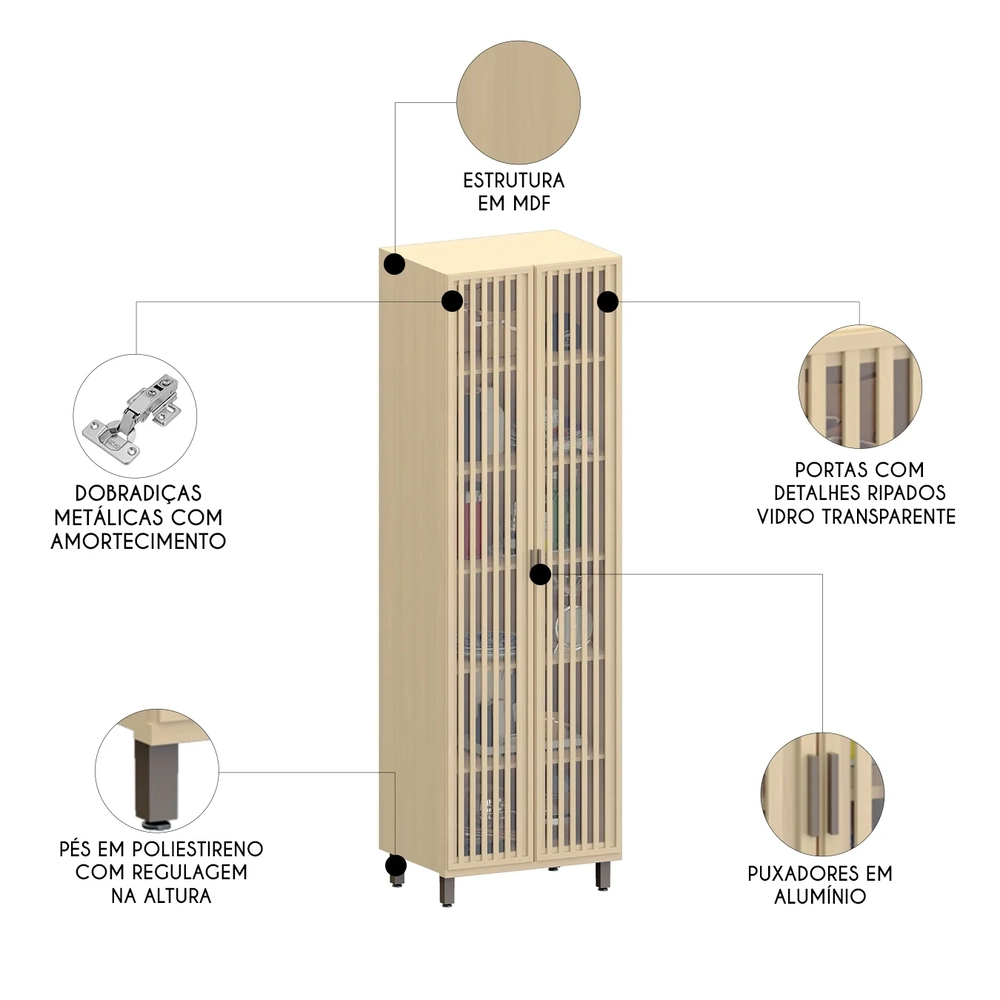 Paneleiro de Cozinha 2 Portas 70cm Cristaleira Pierre Carvalho L01 - Mpozenato