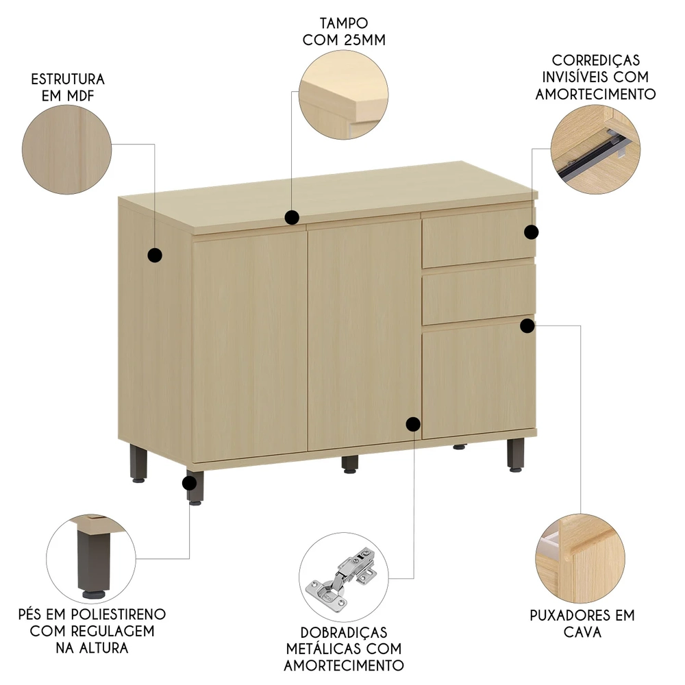 Balcão de Cozinha Com Tampo 120cm Pierre Carvalho L01 - Mpozenato