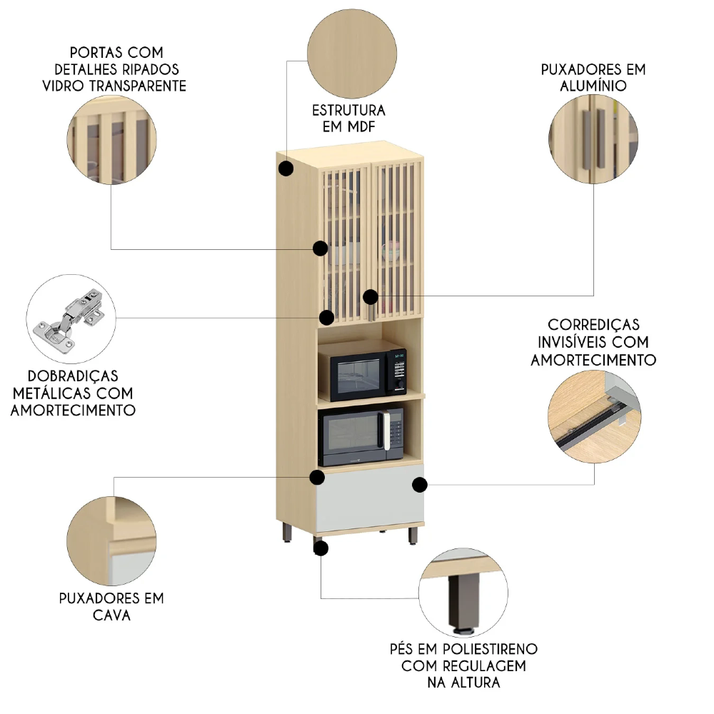 Paneleiro Cozinha Torre Quente Ripado Pierre Carvalho/Cinza L01 - Mpozenato