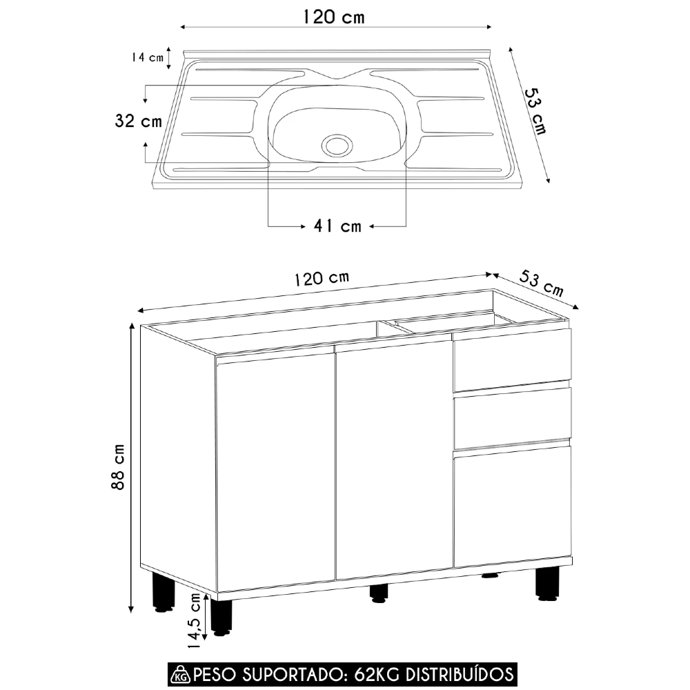 Balcão de Cozinha Com Pia Inox 120cm Pierre Carvalho L01 - Mpozenato