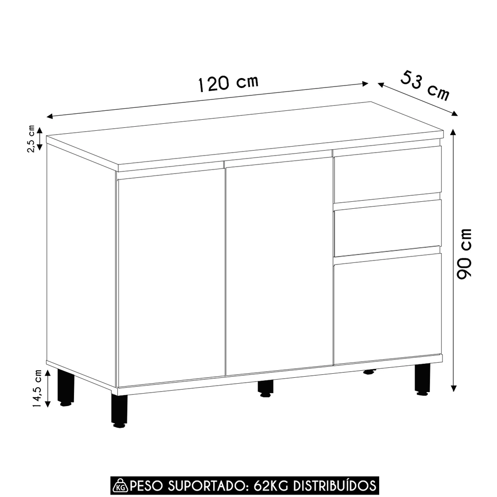 Balcão de Cozinha Com Tampo 120cm Pierre Carvalho/Cinza L01 - Mpozenato
