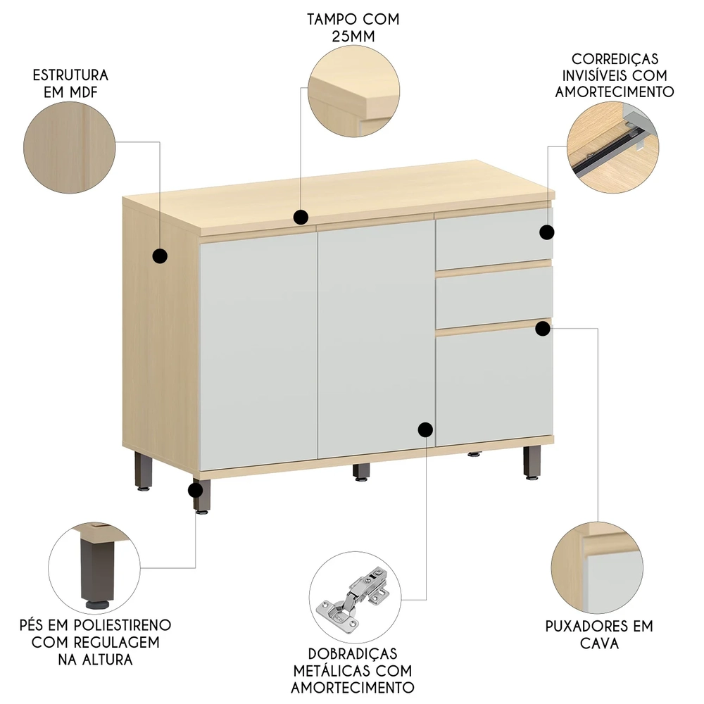 Balcão de Cozinha Com Tampo 120cm Pierre Carvalho/Cinza L01 - Mpozenato