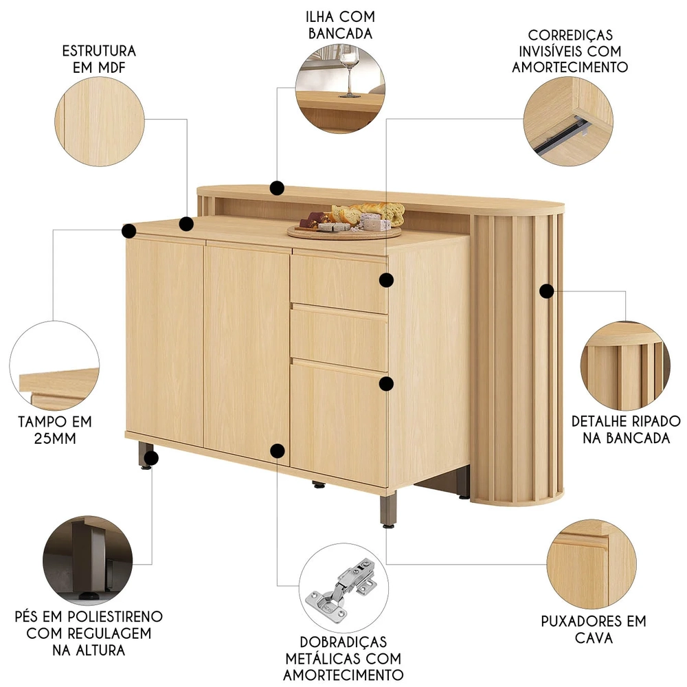 Balcão de Cozinha Tampo e Ilha 164cm Pierre Carvalho L01 - Mpozenato