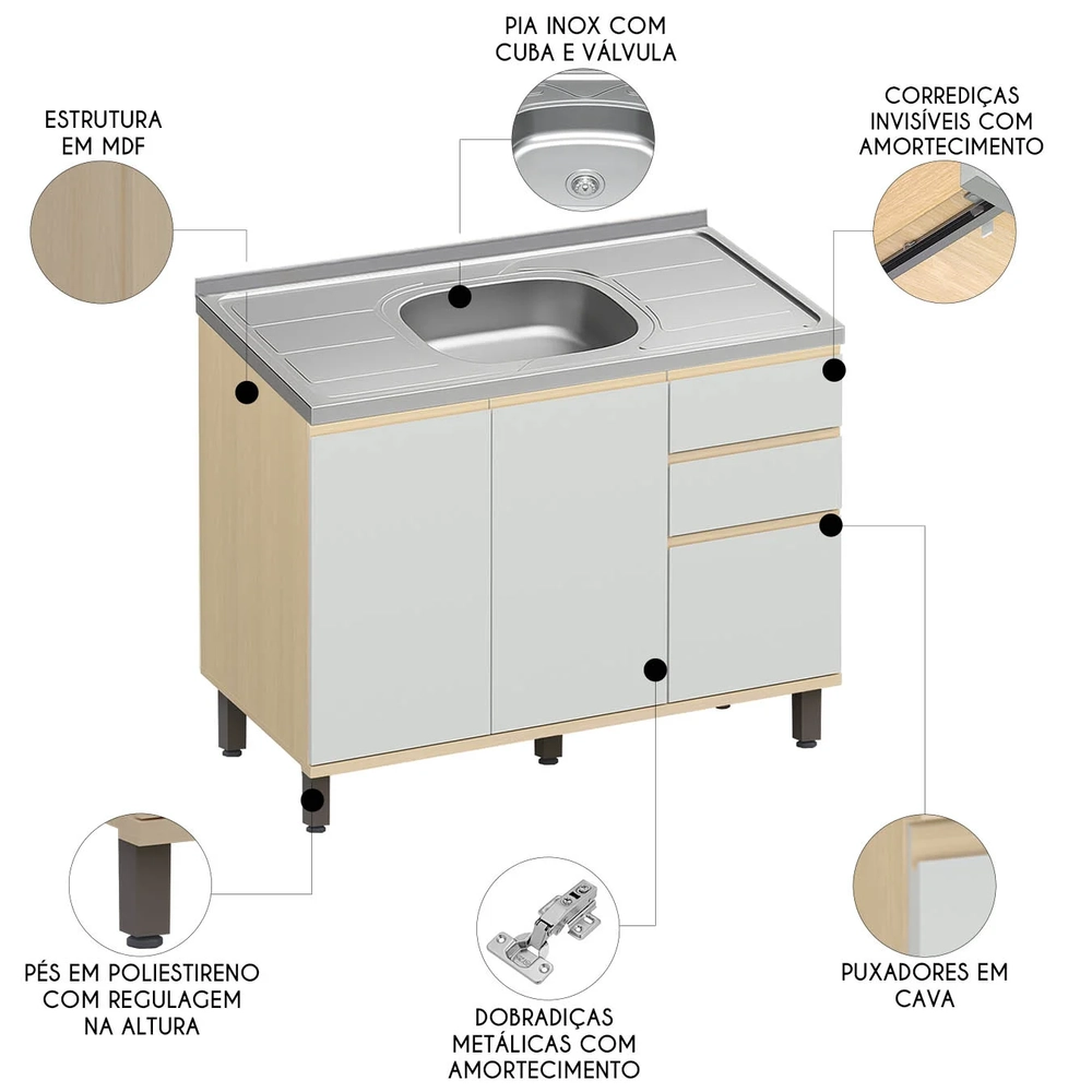 Balcão de Cozinha Com Pia Inox 120cm Pierre Carvalho/Cinza L01 - Mpozenato