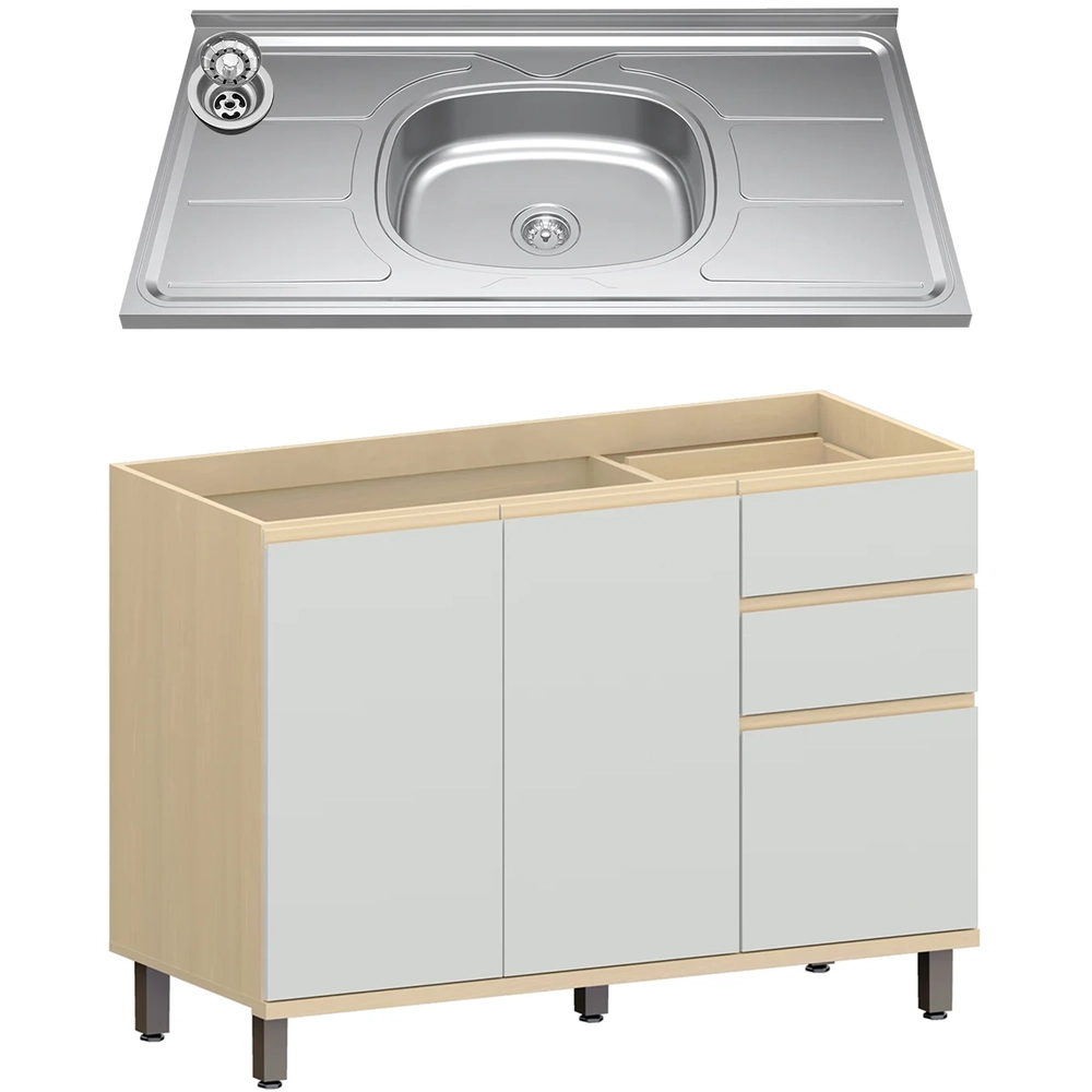 Balcão de Cozinha Com Pia Inox 120cm Pierre Carvalho/Cinza L01 - Mpozenato