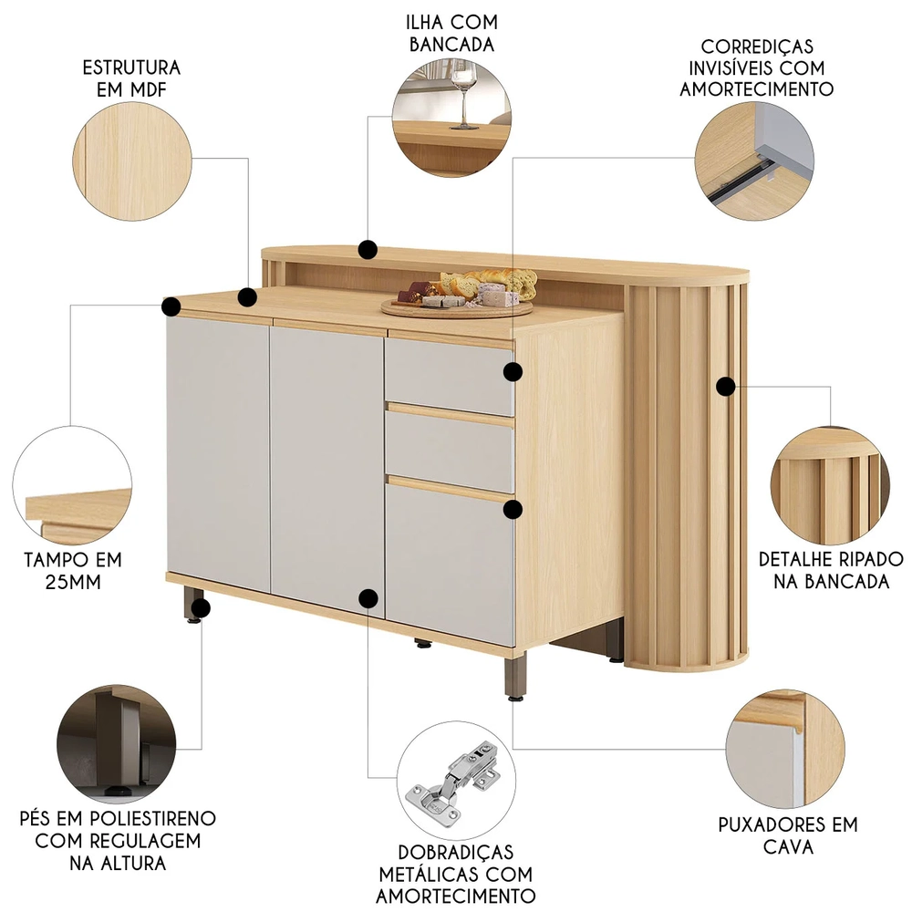Balcão de Cozinha Tampo e Ilha 164cm Pierre Carvalho/Cinza L01 - Mpozenato