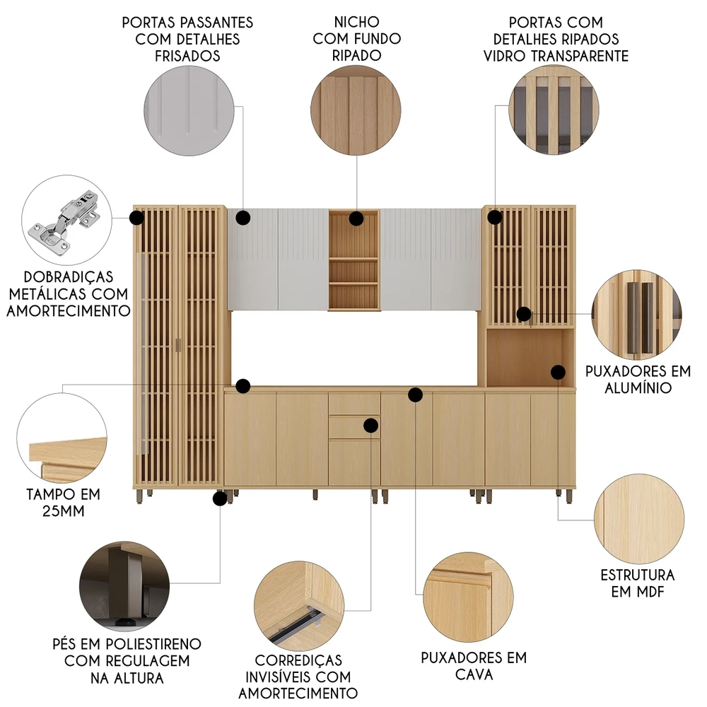 Armário de Cozinha 6 Peças CP01 e Tampo Pierre Carvalho/Cinza L01 - Mpozenato