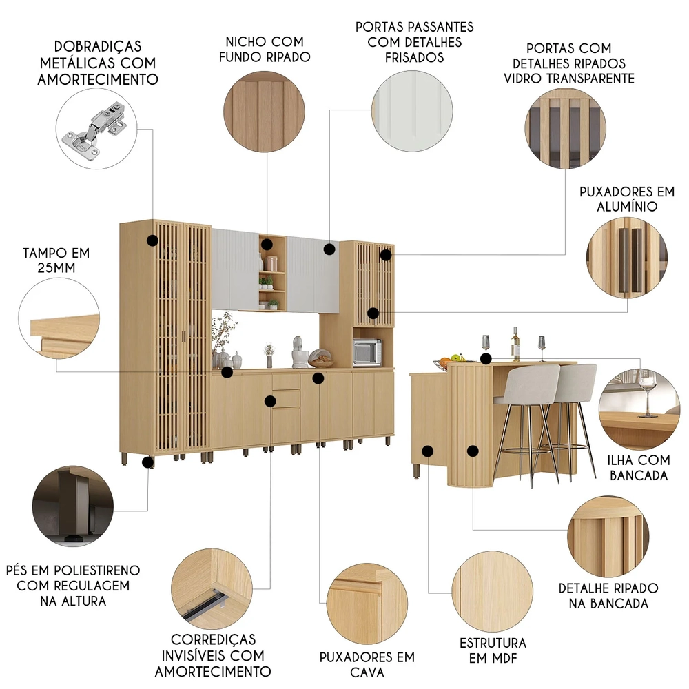 Armário de Cozinha 8 Peças CP01 Com Ilha Pierre Carvalho/Cinza L01 - Mpozenato