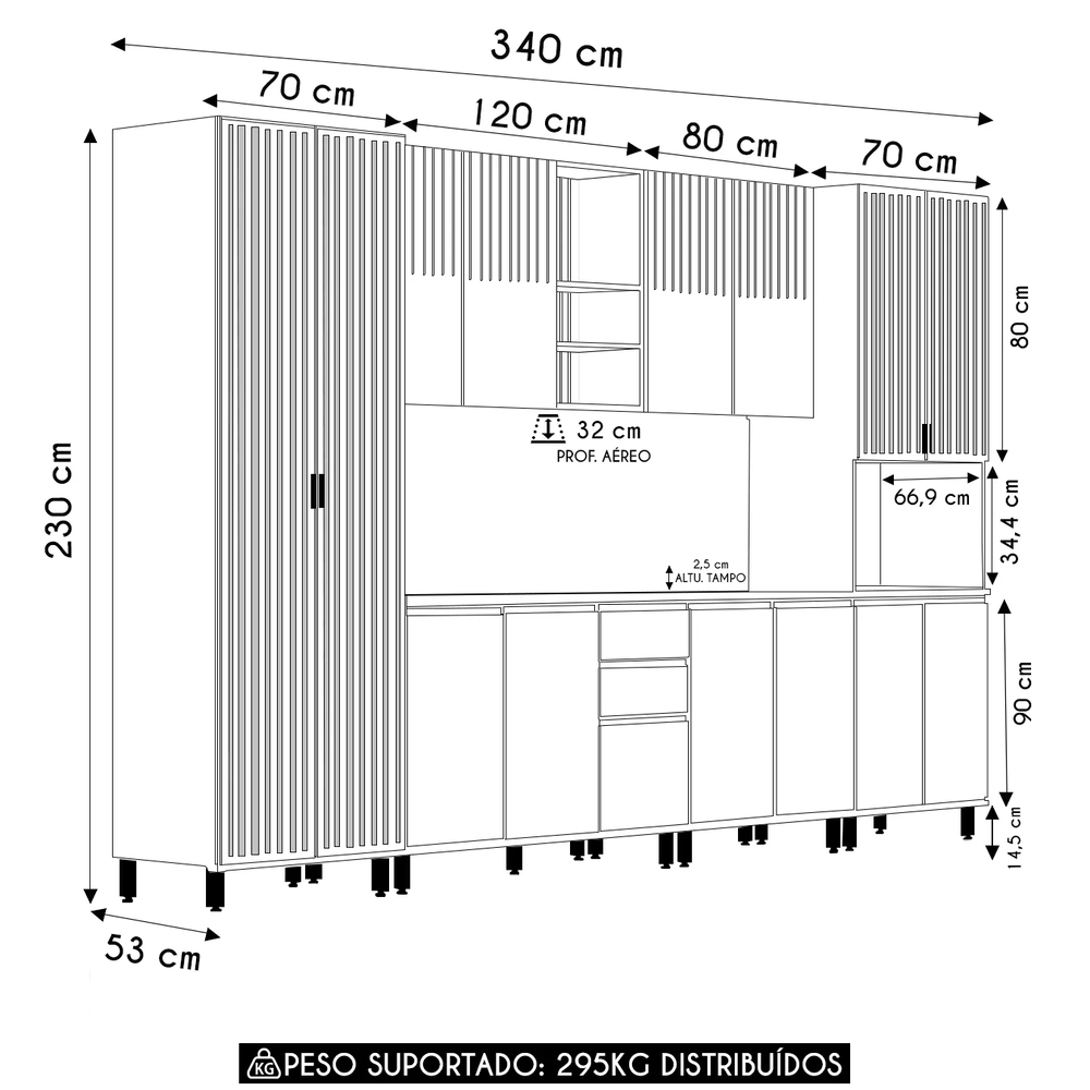 Armário de Cozinha 8 Peças CP01 Com Ilha Pierre Carvalho/Cinza L01 - Mpozenato