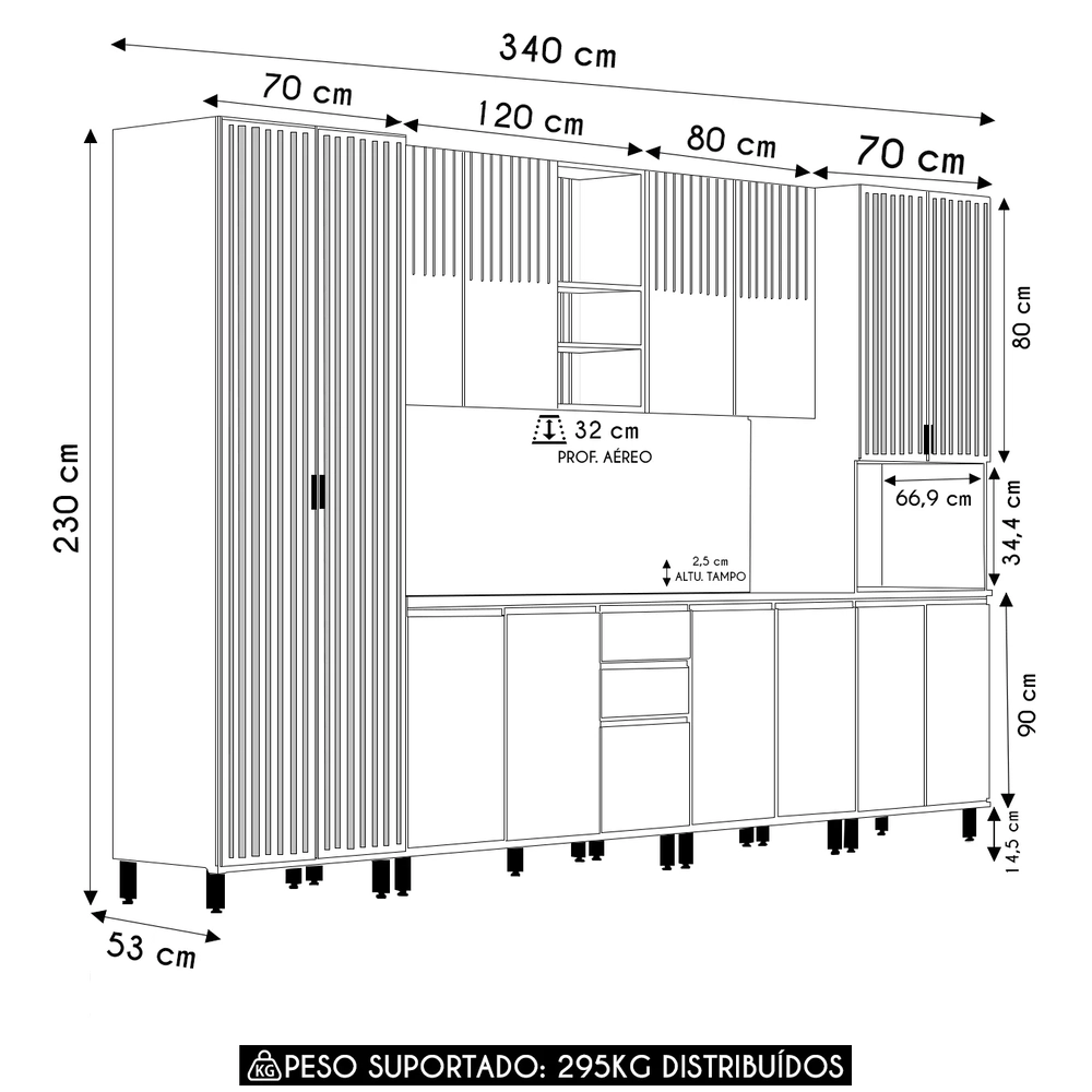 Armário de Cozinha 6 Peças CP02 e Tampo Pierre Carvalho/Cinza L01 - Mpozenato